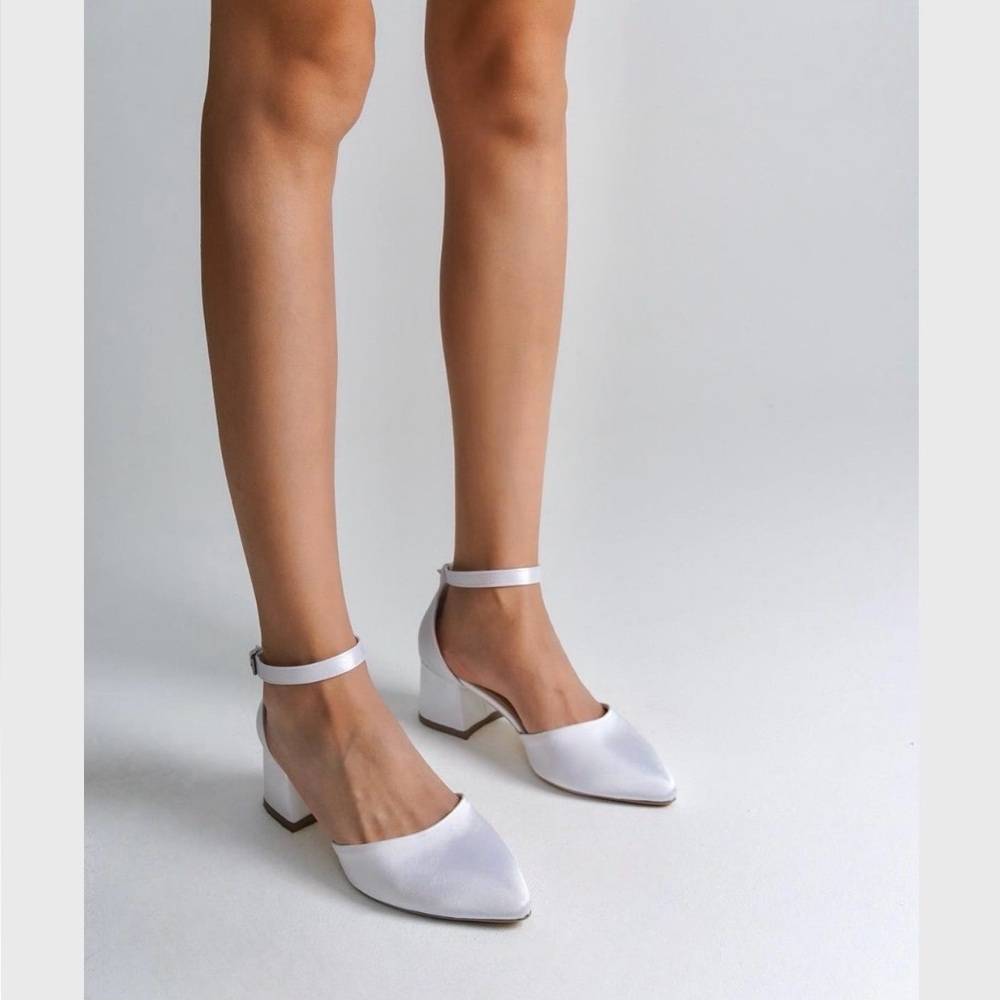 White Bridal Satin Ankle-Strap Block Heel Pumps